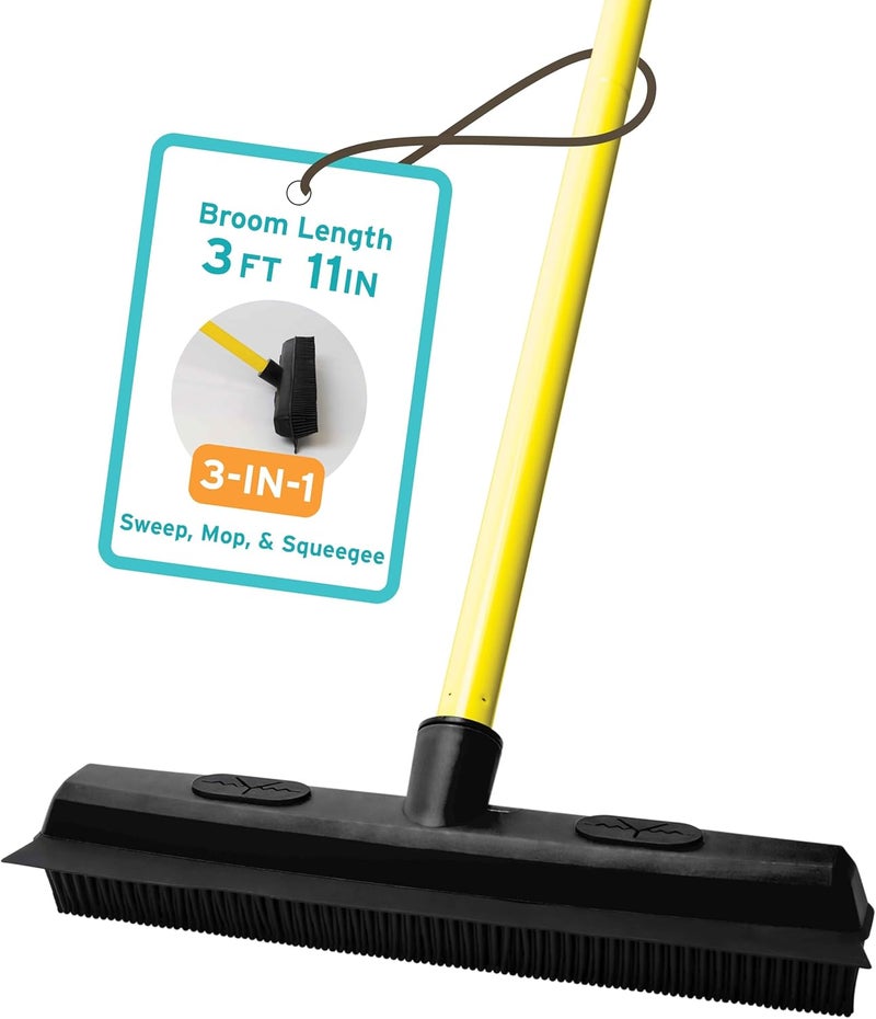 FURemover Sweep Pet Hair Rubber Broom with Squeegee and Attachable Microfiber Cloth and 47” Handle for Tile, Carpet and Hardwood - Image 1